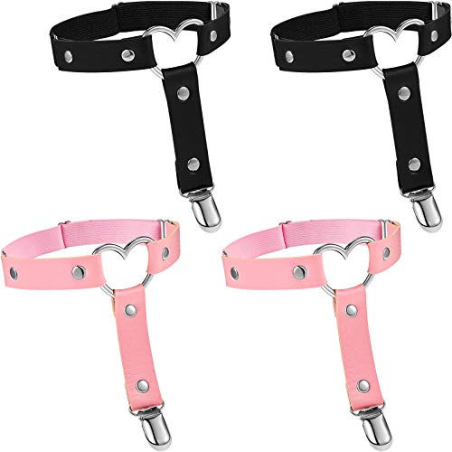 Syhood 4 Pieces Heart Leg Garter Belt Adjustable Punk Gothic Garter with Anti-Slip Clips for Women Girl - Black, Pink