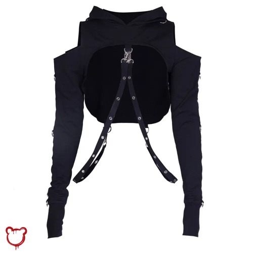 Black Strapped Hooded Top - black hoodies / S