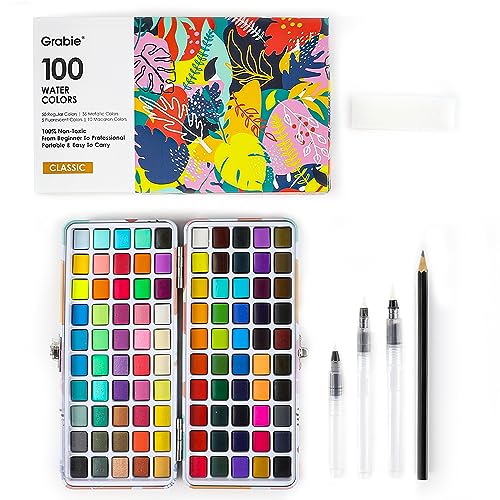 Grabie 100 Colors Watercolor Paint Set - 50 Regular, 35 Metallic, 10 Macaron and 5 Fluorescent Colors - Portable with Carrying Case, Water Brush Pens, and Accessories - For Beginners and Professionals - 1