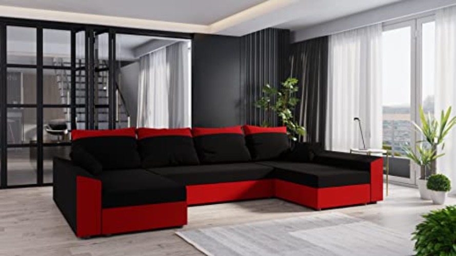 ALTDECOR Ecksofa mit Schlaffunktion und Bettkasten mit Gasdruckfeder, Polstercouch in U-Form, rückenecht gepolstert, ideal als Gästebett - Pauli-U - 237x161x90cm Schwarz/Rot - 237 x 161 - Schwarz/Rot - Rainbow15/Rainbow22