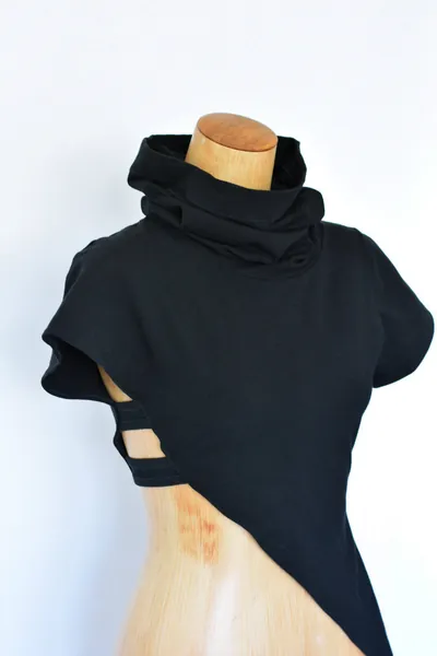 Contemporary Steampunk Asymmetrical Modern Black Top Burning Man Festival Costume Cotton Clothing Cowl Neck