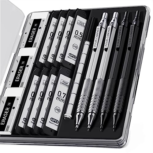 Four Candies 4PCS Metal Mechanical Pencils Set with Case, 0.5mm & 0.7 mm Artist Pencil with 8 Tubes (480PCS) HB Lead Refills, 3 Erasers,9 Eraser Refills For Writing Drafting, Drawing, Black&Sliver - Black+Sliver