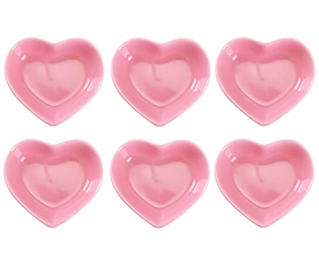 WHJY Pink Love Heart Shaped Ceramic Side Dish Bowl, Contemporary Porcelain Side Dishes Bowl, Seasoning Dishes Soy Dipping Sauce Dishes for Wedding Birthday Party- Set of 6 - Pink