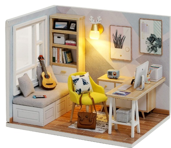 CUTEROOM DIY Doll Room Miniature Furniture Wooden House Kit - Wooden Dolls House Kit with Dust Cover & LED Light and Accessories - QT Series Dollhouse - QT007