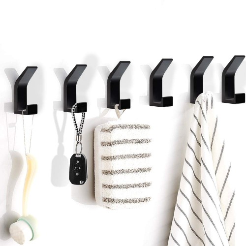 KYOEON Heavy Duty Adhesive Hooks Hold 20 lbs, 6 Packs Black, Towel Coat Wall Double-Hook with Strong Glue for Kitchen Door Cabinet Bathroom & Ceiling Hanger, Aluminum Alloy Holder Robe Hooks - 6 Black