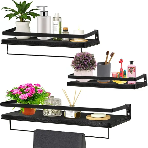Floating Shelves Wall Mounted, Wall Shelves Set of 3, Bathroom Shelves with Towel Bar, Decorative Wood Storage Shelves for Kitchen, Bedroom, Living Room and Washroom - Black