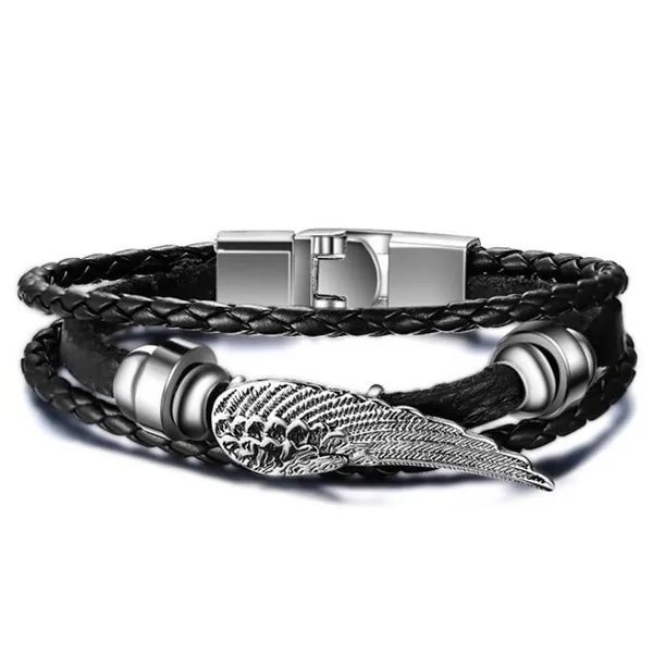 FOXI Youth Feather of Angel Charm Triple Layer PU Leather Rope Bracelet for Men(Black) - 