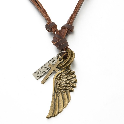 Retro Style Angel Wing Pendant Unisex Necklace for Men for Women with Adjustable Leather Cord - Bronze