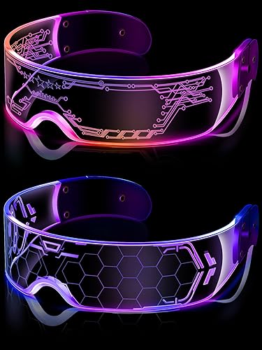 TOODOO 2 Pairs LED Visor Glasses 7 Colors Futuristic Glasses 4 Modes Light Up Glasses Honeycomb Luminous Glasses for Adults (Elegant Style) - Elegant Style