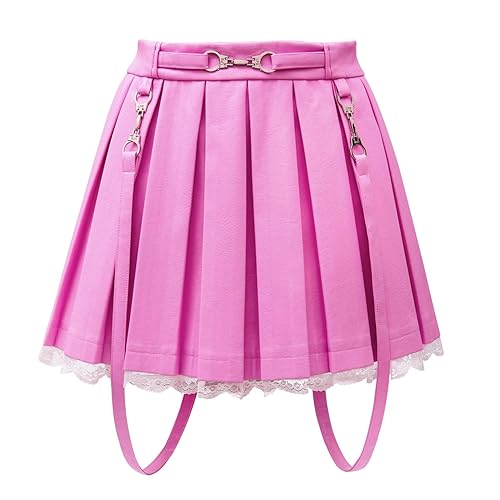 Littleforbig Women's A-Line Pleated Faux Leather Flared Casual Lace Trim Mini Skirts - Troublemaker - Large - Pink