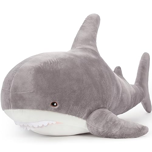 MorisMos Grey Shark Plush Toy, 51in Stuffed Animal, Giant Shark Stuffed Toy for Kids, Cuddly Plush, Birthday, 51 inch - XXX-Large - Gray