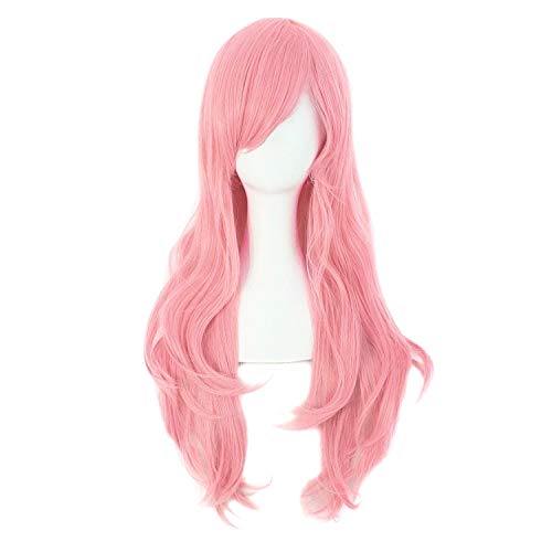 MapofBeauty 28" 70cm Long Curly Hair Ends Costume Cosplay Wig (Pink) - Pink