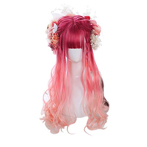 osseoca Purple Red Gradient Peach Pink Long Wavy Synthetic Hair Wig Japanese Lolita Rooming Face Natural Cute Girls Cosplay Wigs