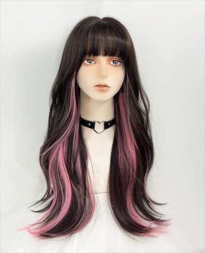 WKLOUYHE Long Wavy Wig for Women Synthetic Curly Wig with Bangs Fibre Cosplay Wig for Girls Daily Use Colorful Wigs (Black+Brown+Pink) - Black+Brown+Pink
