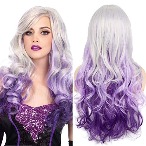 Beweig Long Curly Wavy Silver Grey to Purple Wig Side Part Natural Looking Synthetic Cosplay Wig for Women - Sliver to Purple