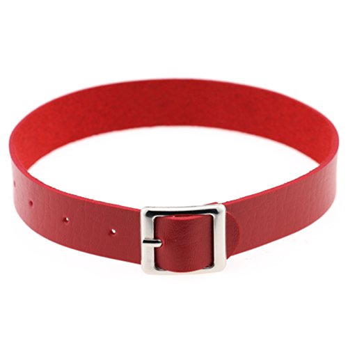 FM FM42 Multicolor PU Simulated Leather Silver-tone/Gold-tone Buckle Adjustable Belt Collar Choker Necklace - Silver-tone Buckle, Red