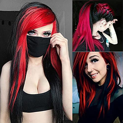 Baruisi Long Red Black Wig Silky Straight Synthetic Heat Resistant Side Bangs Halloween Costume Hair Wigs for Women - Red&black