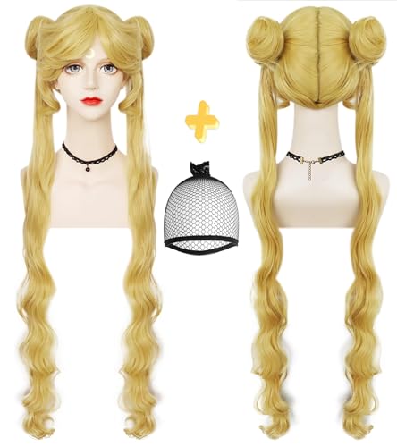 Anogol Wig Cap+Long Blond Wavy Wig with 2 Ponytails Hair Blonde Cosplay Wig for Girls Anime Cosplay Wig, Yellow Wig for Anime Cosplay Women Halloween Party Blonde Pigtail Wig for Halloween Cosplay Wig - Blonde
