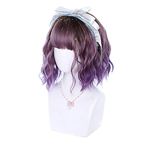 osseoca Short Lolita Curly Hair Wig Synthetic Brown Gradient Orange Red and Purple Rooming Face Natural Japanese Girls Cosplay Wigs (Purple) - Purple