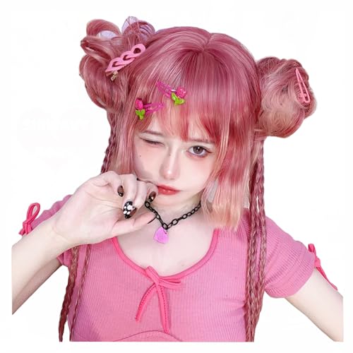 osseoca Pink gradient Straight Short Hair Long Braid Synthetic Hair Lifelike Daily Sweet Lolita Japanese Hot Princess Cosplay Party Natural Female Wigs with Bangs (PNK) - PNK