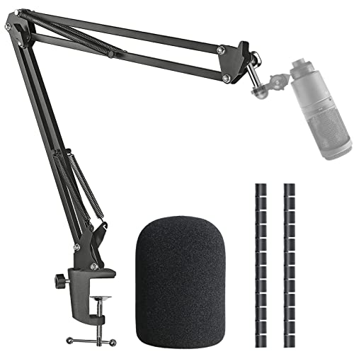 AT2020 Mic Boom Arm Stand with Pop Filter, Compatible with Audio-Technica AT2020, Audio-Technica AT2020V USB Microphone with Cable Sleeve by SUNMON - Mic Stand with Pop Filter and Cable Sleeve