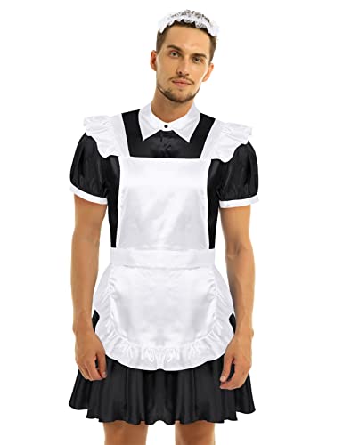 Alvivi Men's Short Sleeve Satin French Maid Uniform Crossdressing Sissy Lingerie Fancy Dress Outfits - Black - Large