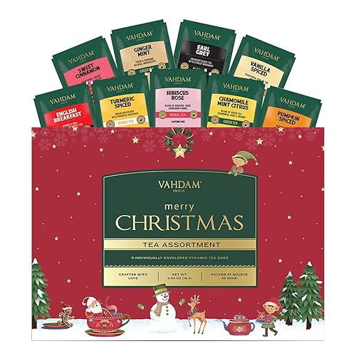 VAHDAM, Merry Christmas Tea Gift Sets (9 Assorted Tea Bags) Limited Edition - Gluten Free, Non GMO | Christmas Gifts 2024 Ideas | Christmas Gifts For Women, Men & Adults I Holiday Tea Gift Box - Christmas Box (1X9TB)
