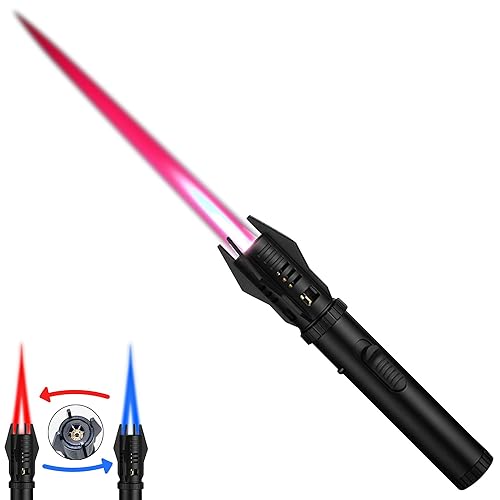 Torch Lighter, Bright Fire Lighter with Safety Lock and Adjustable Red/Blue Flame, Refillable Butane Gas Windproof Jet Flame Cool Lighters, for Candles Campfires BBQ Baking, Camping, Gift - Black