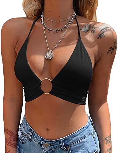 Mizoci Women's Sexy Summer Sleeveless Halter Deep V Neck Crop Top Tie Up Backless Cami - X-Small - Black