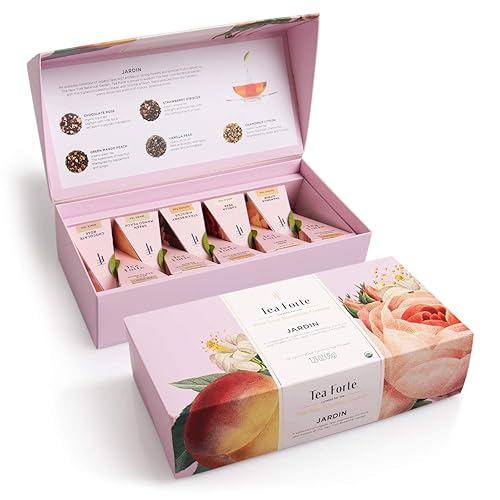 Tea Forte Jardin Organic Fruit, Herb and Flower Teas, Petite Presentation Box Tea Sampler Gift Set with 10 Handcrafted Pyramid Tea Bag Infusers - Sampler - Jardin
