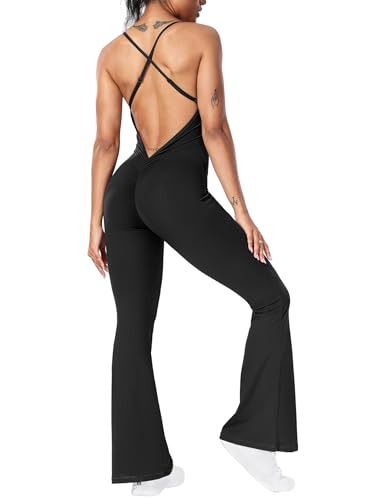 YEOREO Women Strappy Flare Jumpsuits Sexy V Back Backless Gym Workout Scrunch Butt Yoga Rompers - Small - Black