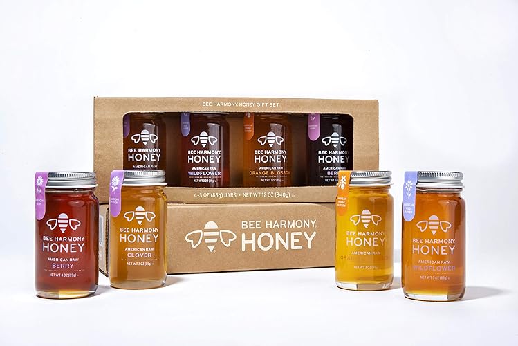 Bee Harmony Classic Honey Flight, Mini Honey Gift Set, 4 Jars, 3 OZ Each, Premium Raw Honey, Made in the USA - Classic