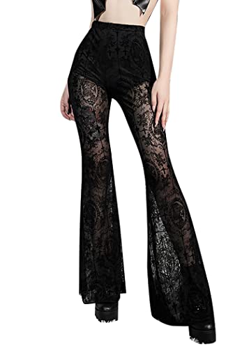 Womens Mesh Pants High Waisted Lace Bell Bottom Elastic Waist Summer Pants Wide Leg Trousers - 4-black - Small