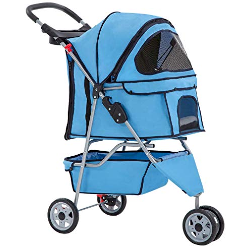 BestPet New Pet Stroller Cat Dog Cage 3 Wheels Stroller Travel Folding Carrier T13 - Blue