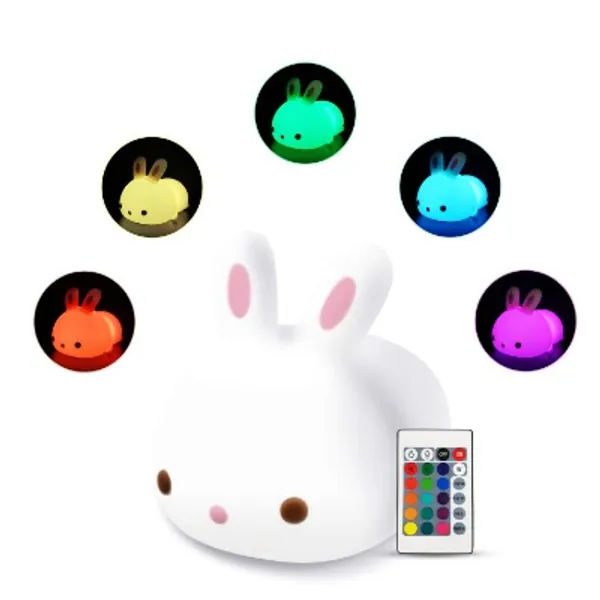 Cute Squishy Bunny Night Light - Silicon Rabbit Bunnies Pets Nursery Color Changing LED Decor Sleep Lamp Lights with Touch Sensor and Remote Control for Kids, Childrens, Toddler, Baby, and Girls