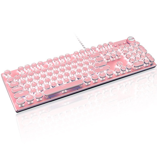 Basaltech Pink Mechanical Gaming Keyboard, Retro Steampunk Vintage Typewriter-Style Keyboard with LED Backlit, 104-Key Anti-Ghosting Blue Switch Wired USB Metal Panel Round Keycaps (Pink-SK)