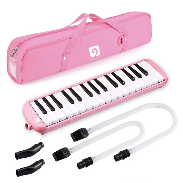 Vangoa 32 Key Melodica, Musical Instrument Air Piano Keyboard, Melodicas with Carrying Bag, Double Mouthpieces, Wipe Cloth, Key Stickers, Long Tubes (Pink)