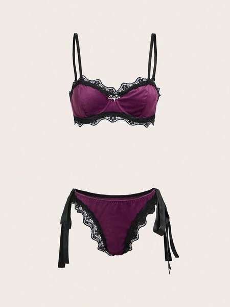 Goth Contrast Lace Velvet Lingerie Set