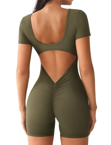 YEOREO Short Sleeve Jumpsuit for Women V Back Scrunch Shorts Bodysuit Lizvette Open Back Workout Romper One Piece Bodycon
