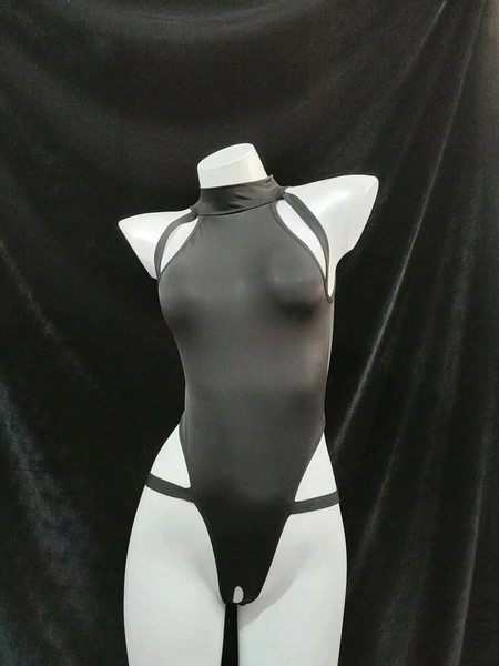 1pc Women's Black Hollow Out Stretchy Bodysuit, Sexy Lingerie Similar To Swimwear