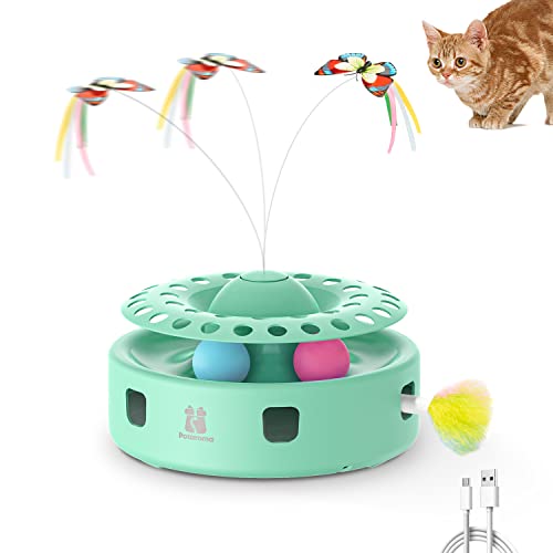 Potaroma Cat Toys 3-in-1 Automatic Interactive Kitten Toy, Fluttering Butterfly, Random Moving Ambush Feather, Track Balls, Dual Power Supplies, USB Powered, Indoor Exercise Cat Kicker (Green) - Green