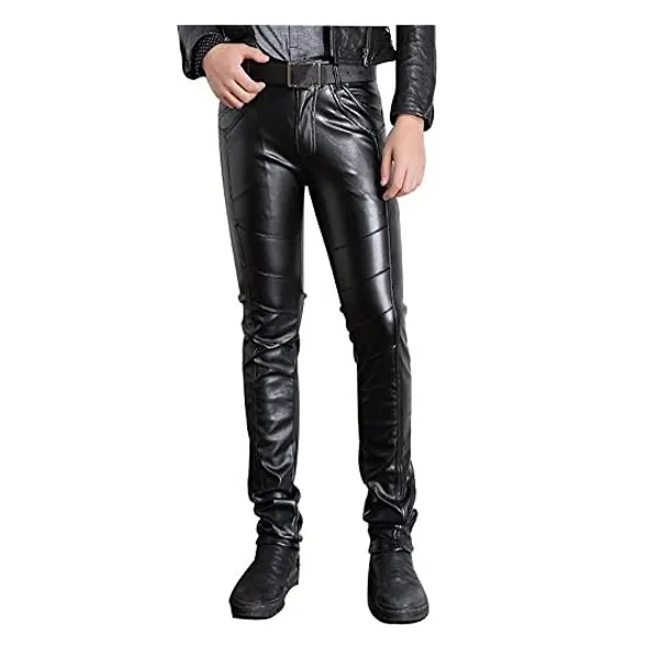 
                            Moonwalk Men's Faux PU Leather Skinny Slim Fit Straight Leg Metallic Biker Pants Black
                        