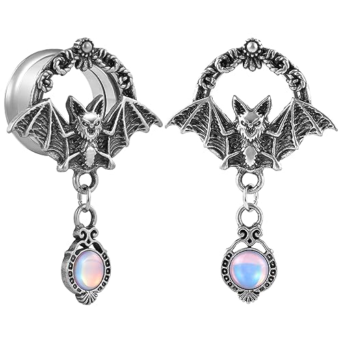 Kolach 1 Pair Retro Bat Multicolored stone Dangle Ear Gauges Piercing Stainless Steel Plugs and Tunnels Quaint Style Ear Stretchers Earrings Expander. - S8589G - 2g-6mm