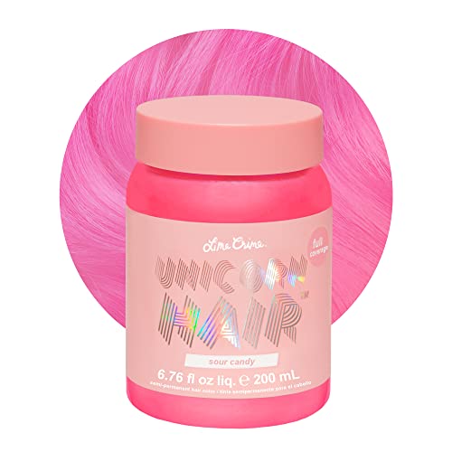 Lime Crime Unicorn Hair Dye Full Coverage, Sour Candy (Bright Pink) - Vegan and Cruelty Free Semi-Permanent Hair Color Conditions & Moisturizes - Temporary Hair Dye With Sugary Citrus Vanilla Scent - Sour Candy (Bright Pink)