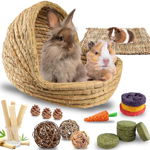 HERCOCCI Extra Large Rabbit Grass Bed, 18 PCS Pet Bunny Chew Toys - Handmade Woven Hay Bed and Hideout with Straw Hay Mat for Bunny Guinea Pig Chinchilla to Play Sleep Eat (Large) - Large
