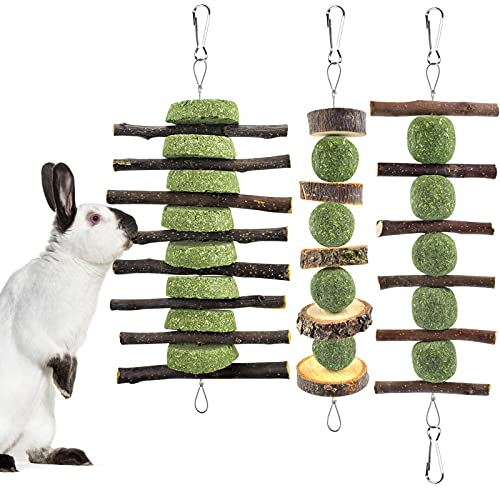ERKOON Bunny Chew Toys, Rabbit Chew Toys for Teeth Grinding, Improve Dental Health, 100% Natural Apple Wood Timothy Grass Cake Treats for Rabbits Guinea Pigs Chinchillas Bunnies Hamsters (3 Pcs) - 3 Pcs