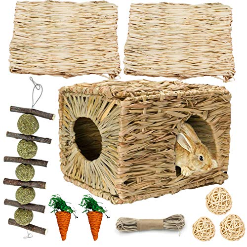 Hamiledyi Bunny Grass House with 2 Grass Mat and Play Balls Foldable Toy Hut for Rabbit, Squirrels, Guinea Pigs Play and Sleep Edible Grass Hideaway