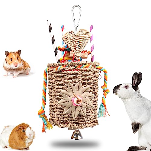 Rabbit Chew Toys, Natural Woven Seagrass Bunny Basket Toys & Treats for Rabbits Guinea Pig Chinchilla Grinding Teeth and Play