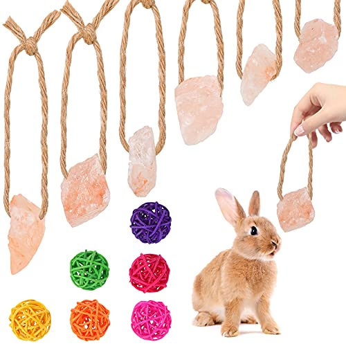 12 Pieces Himalayan Small Pets Lick Salt Block on Rope Set Including 6 Colorful Pet Chew Rattan Balls and 6 Himalayan Salt Lick Small Pet Mineral Salt Chew Treat for Guinea Pig (Mixed Colors) - Mixed Colors