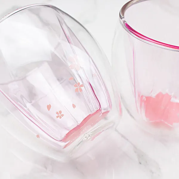 Cherry Blossom Cup Cute Pink Flowers Sakura Double Wall Glass Cups 8 OZ